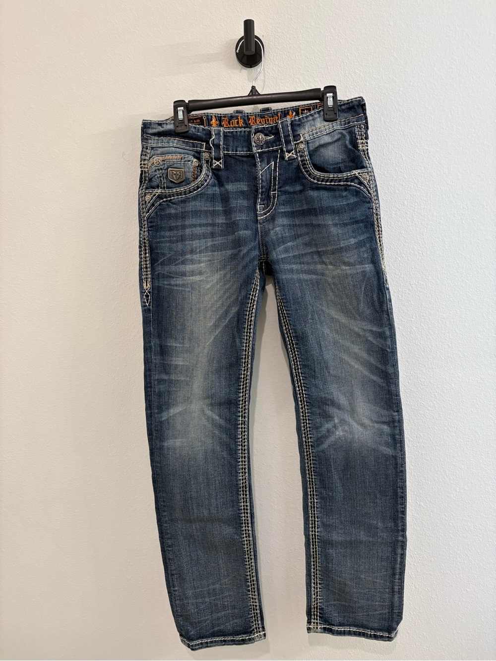 Rock Revival Men's Dark Blue Washed Straight Jeans with Contrast Stitching